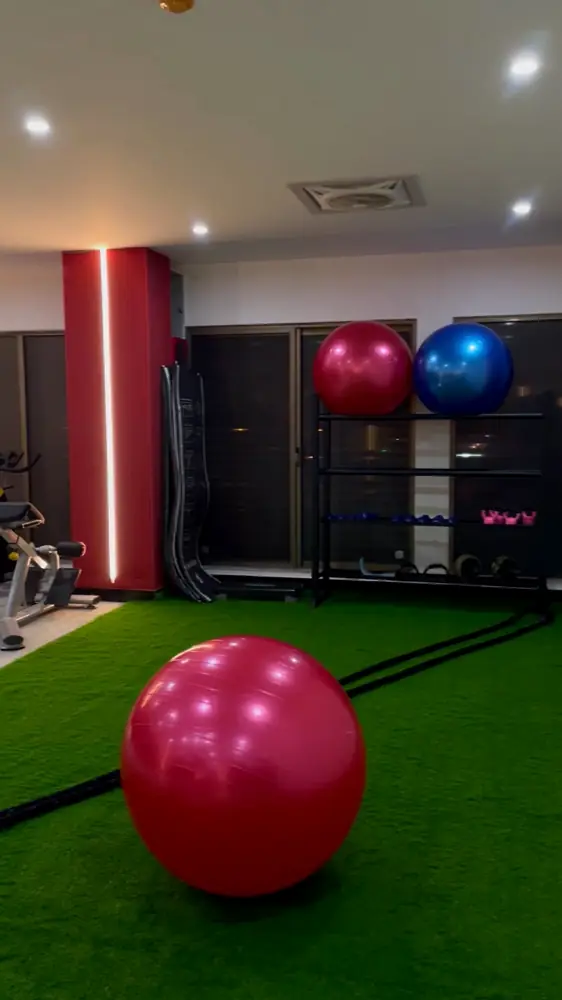 Medicine ball on the turf area at Zain's Gym